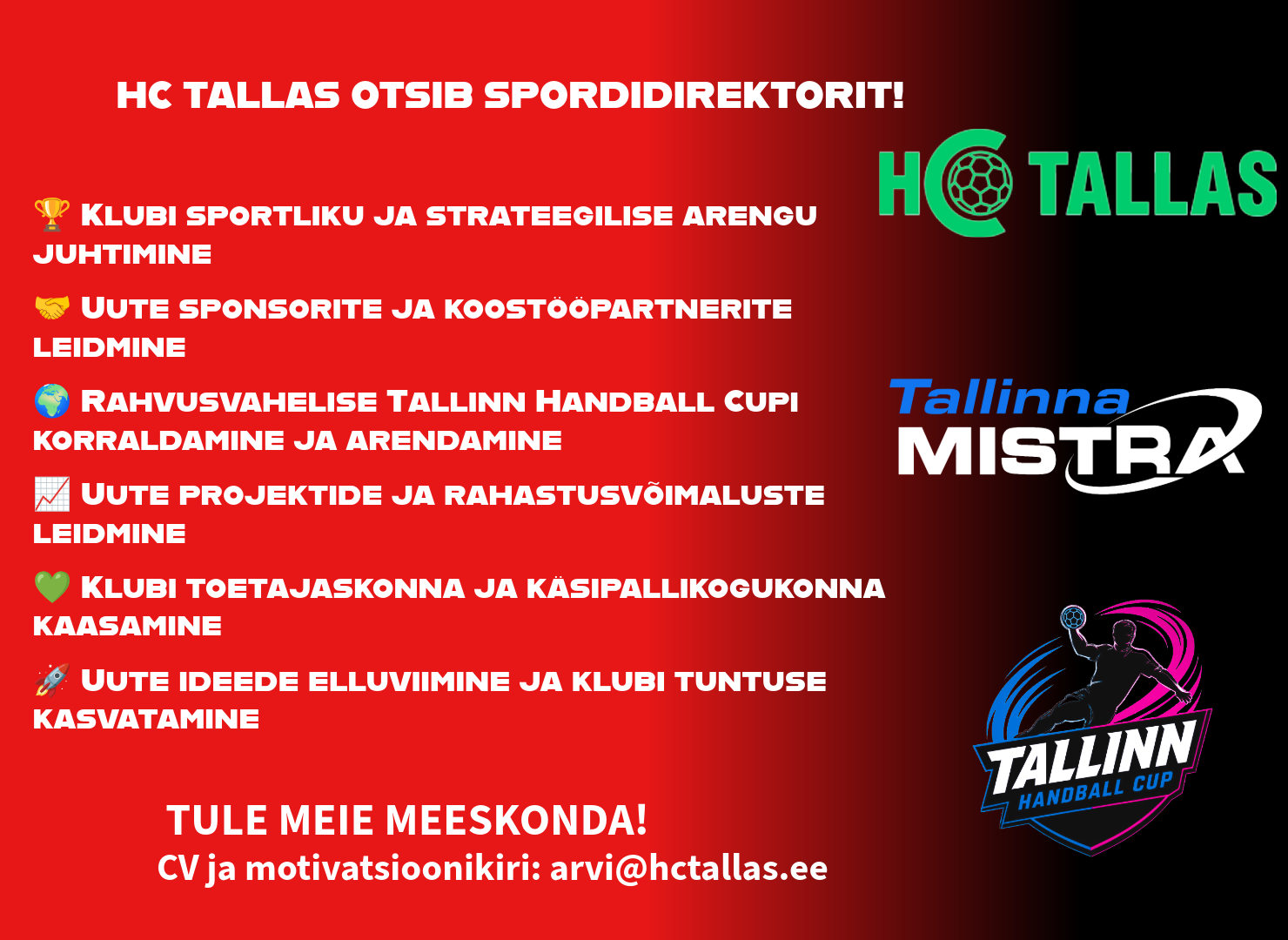 HC Tallas otsib spordidirektorit: tule arendama klubi ja Tallinn Handball Cupi!